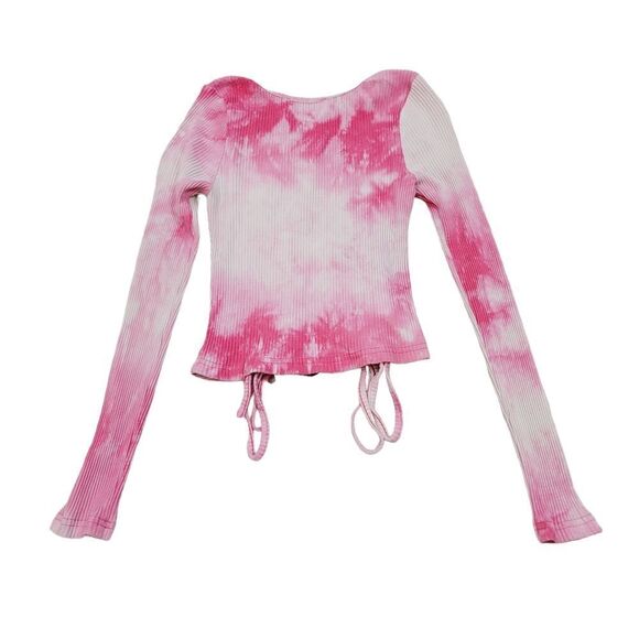 O. Vianca Ribbed Ruched Drawstring Longsleeve Crop Top in Pink Tie Dye Size S - Picture 4 of 7